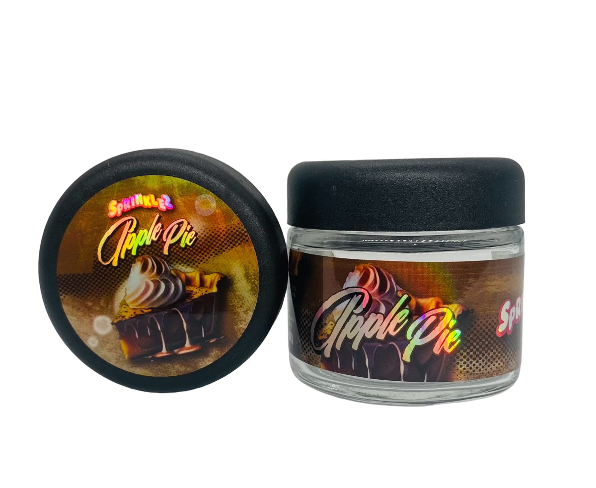 Apple Pie Sprinkelz 3.5g Glass Jars with Holographic Sticker labels Child Resistant jar