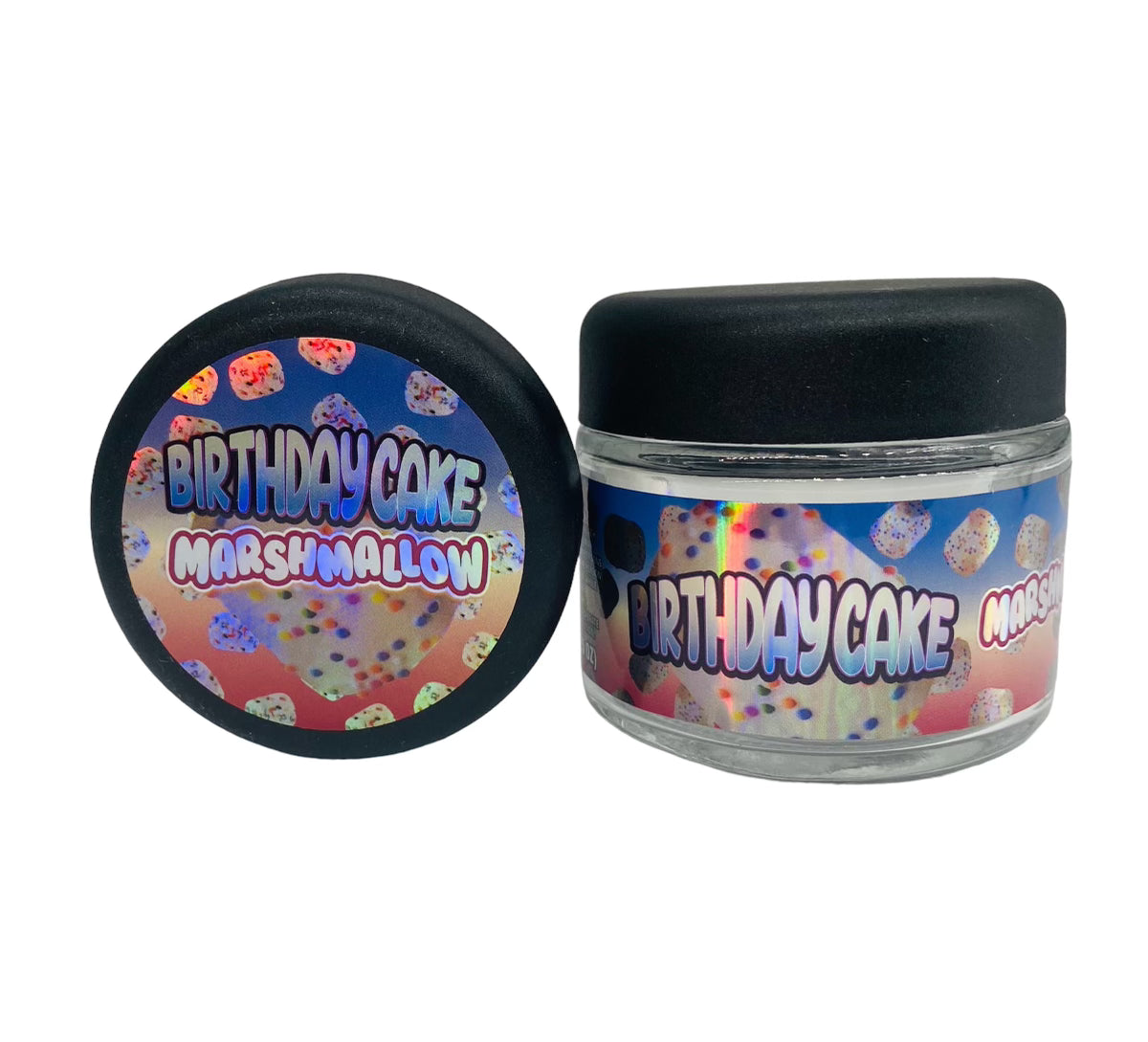 Birthday Cake 3.5g Glass Jars with Holographic Sticker labels Child Resistant jar