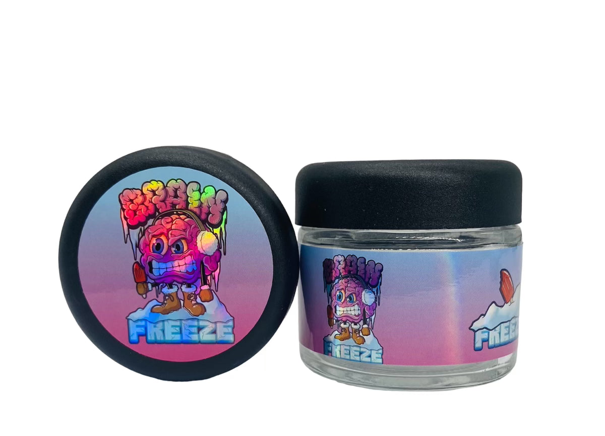 Brain Freeze 3.5g Glass Jars with Holographic Sticker labels Child Resistant jar