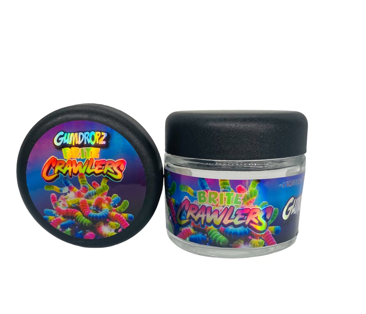 Brite Crawlerz 3.5g Glass Jars with Holographic Sticker labels Child Resistant jar