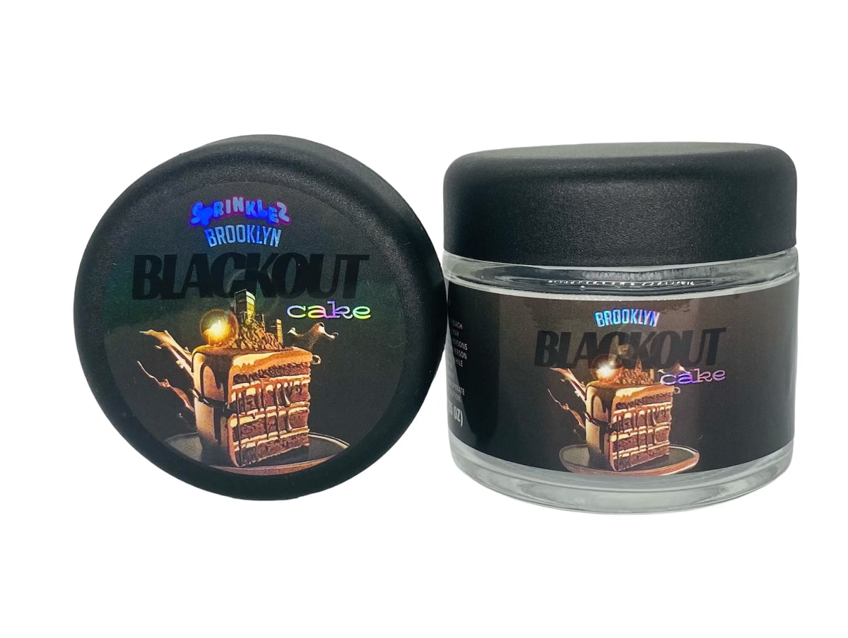 Brooklyn Blackout Cake 3.5g Glass Jars with Sticker labels Child Resistant jar