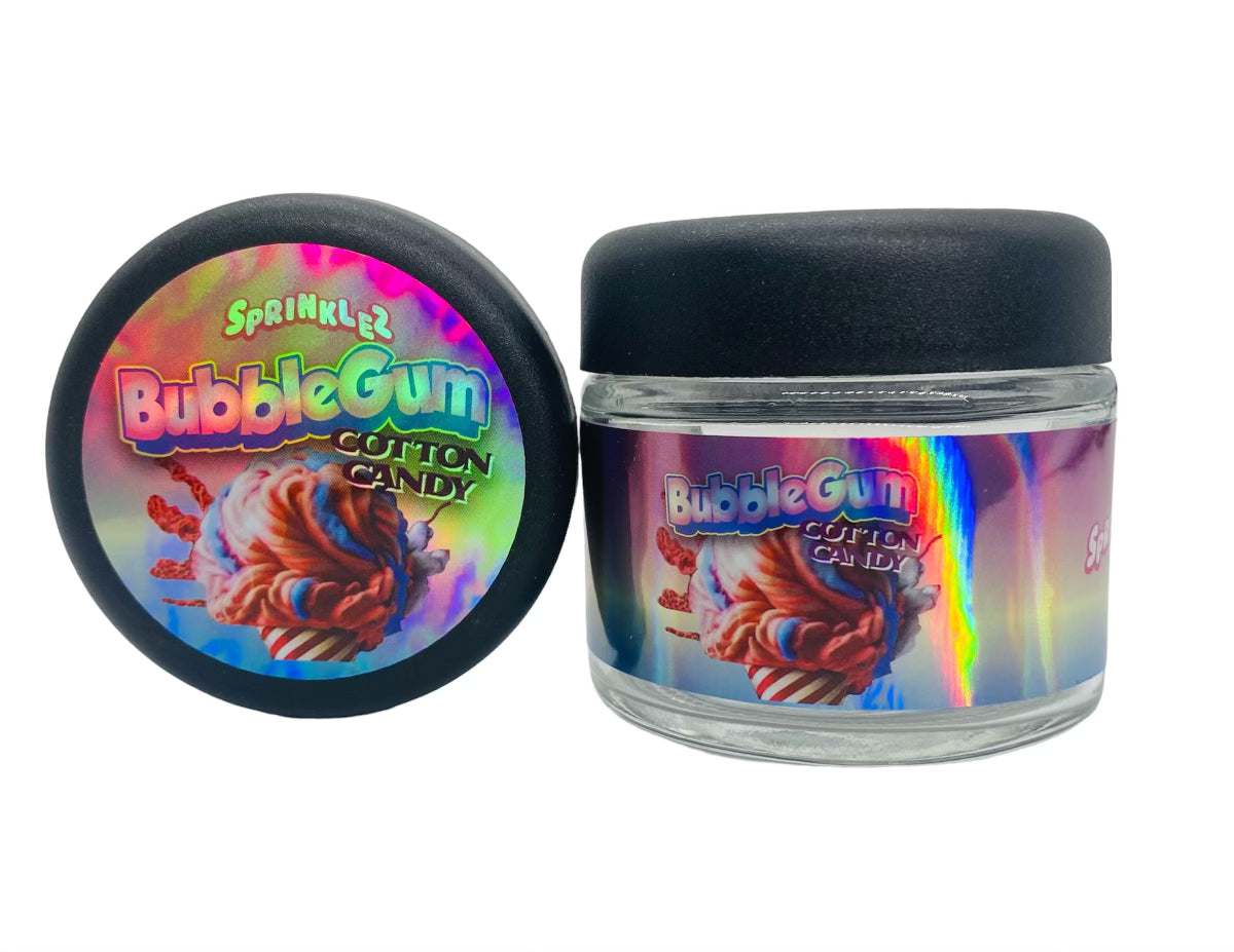 Bubblegum Cotton Candy 3.5g Glass Jars with Holographic Sticker labels Child Resistant jar