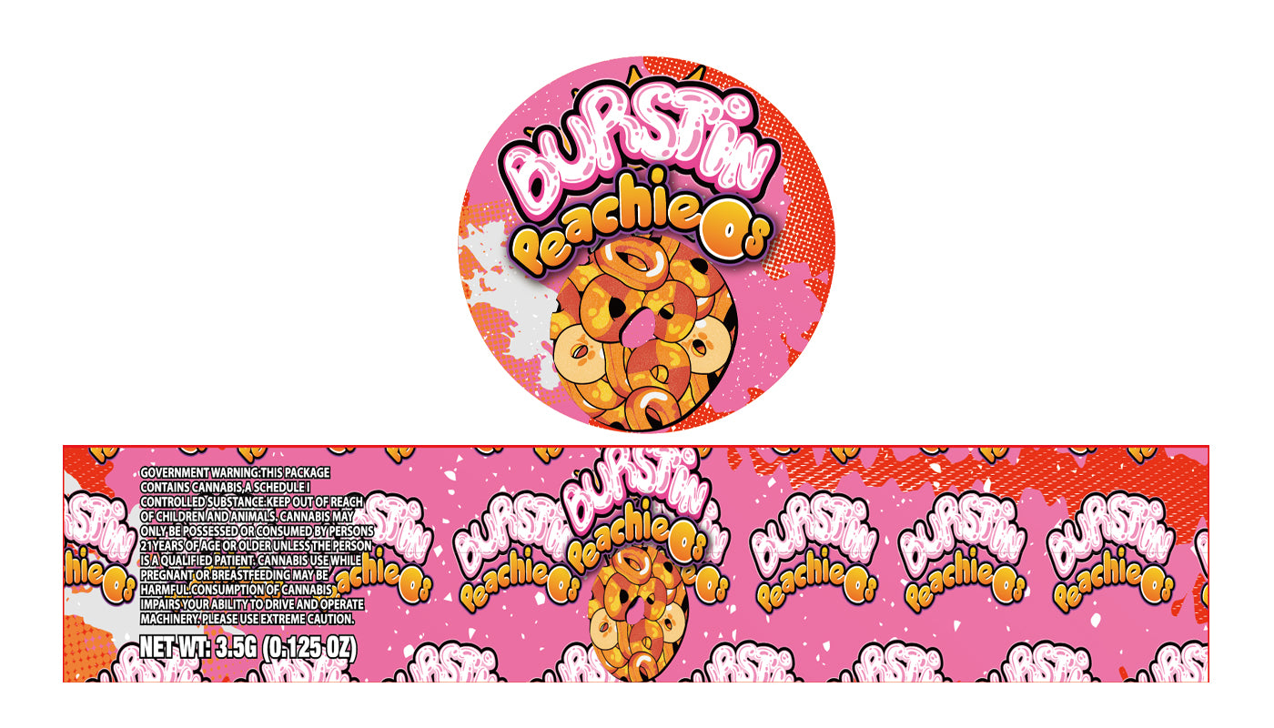 Burstin Peachios 3.5g Glass Jar Holographic Labeling/Stickers Only