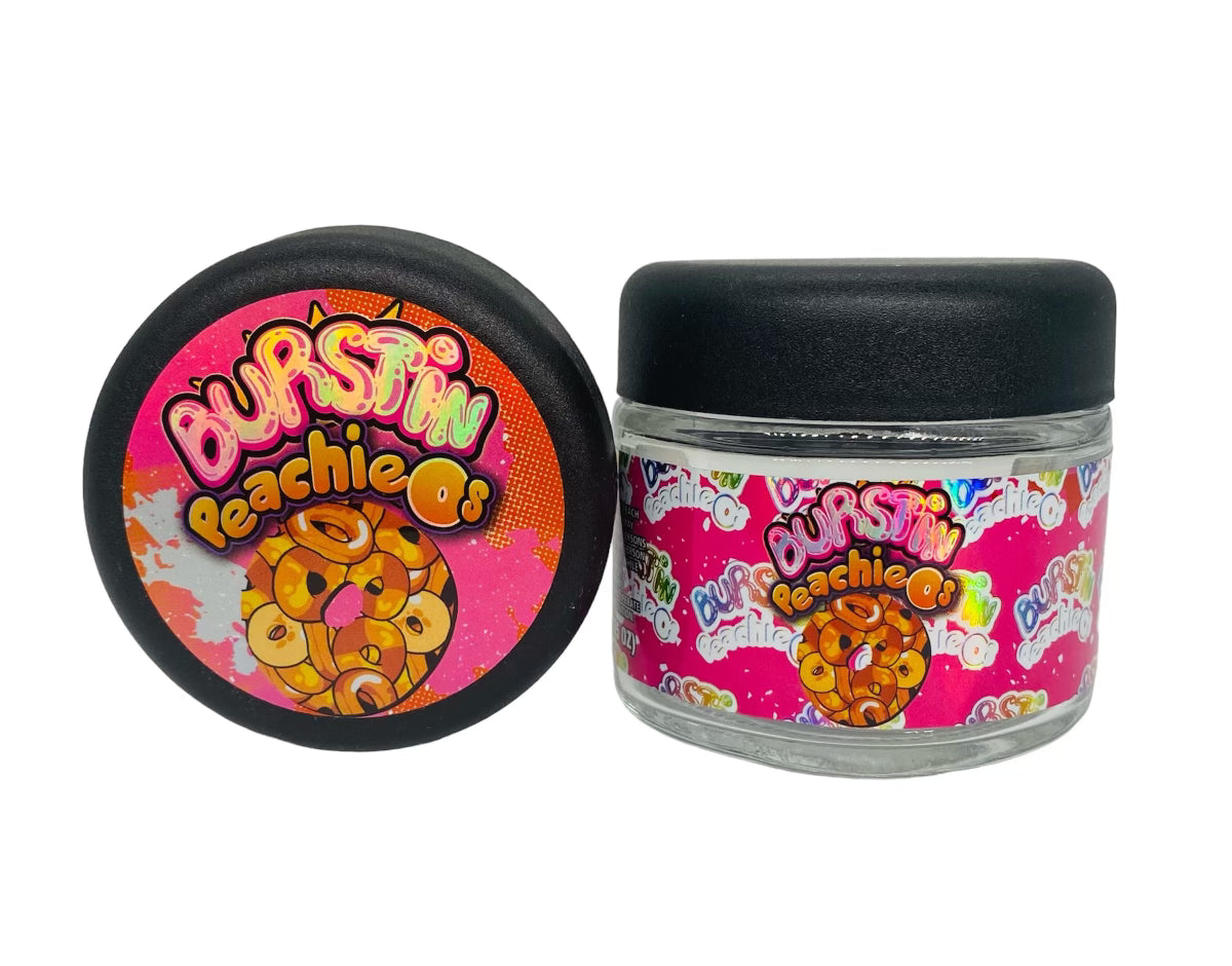Burstin Peachios 3.5g Glass Jars with Holographic Sticker labels Child Resistant jar