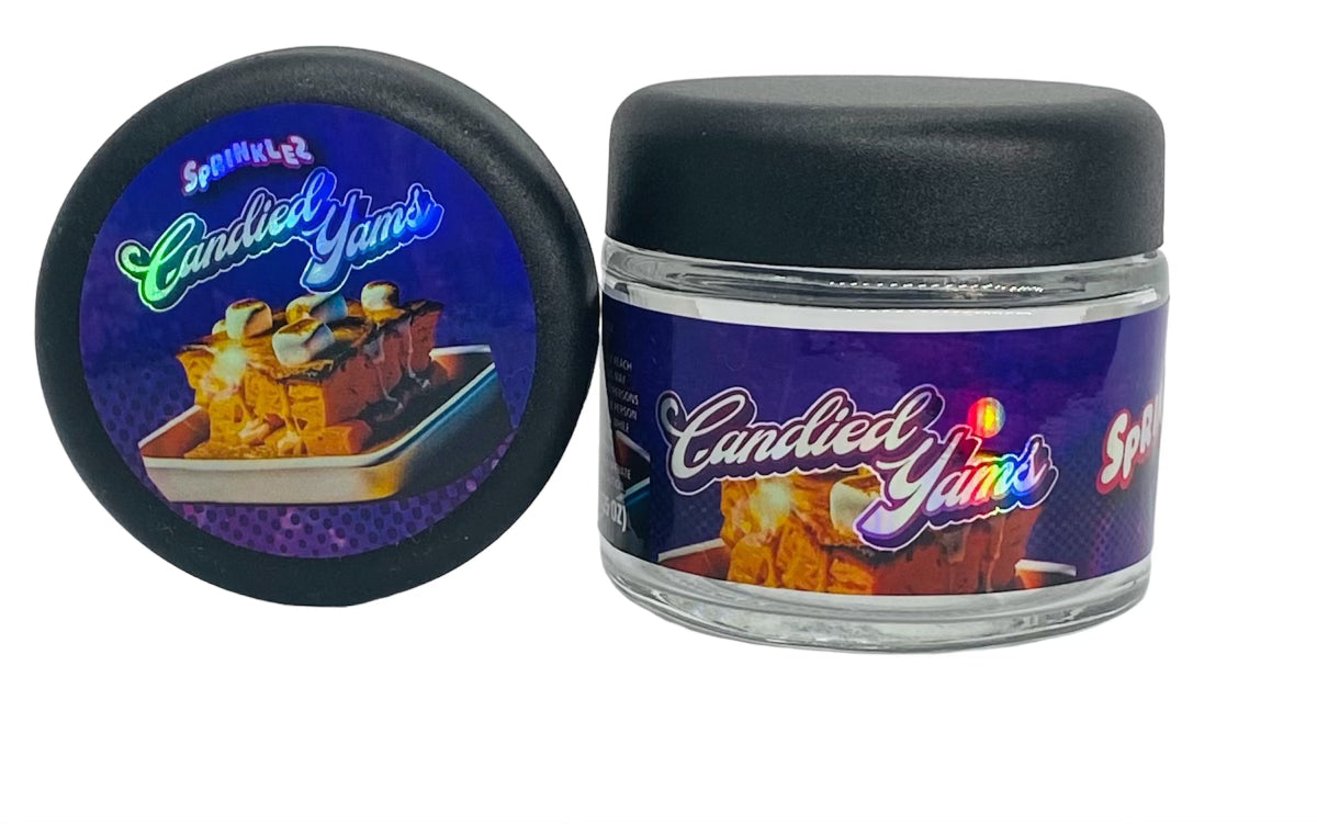 Candied Yams Sprinkelz 3.5g Glass Jars with Holographic Sticker labels Child Resistant jar