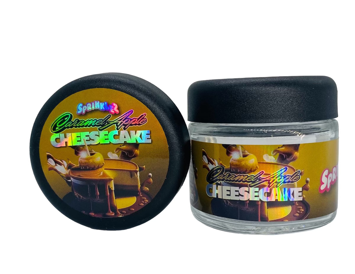 Caramel Apple Cheesecake 3.5g Glass Jars with Holographic Sticker labels Child Resistant jar