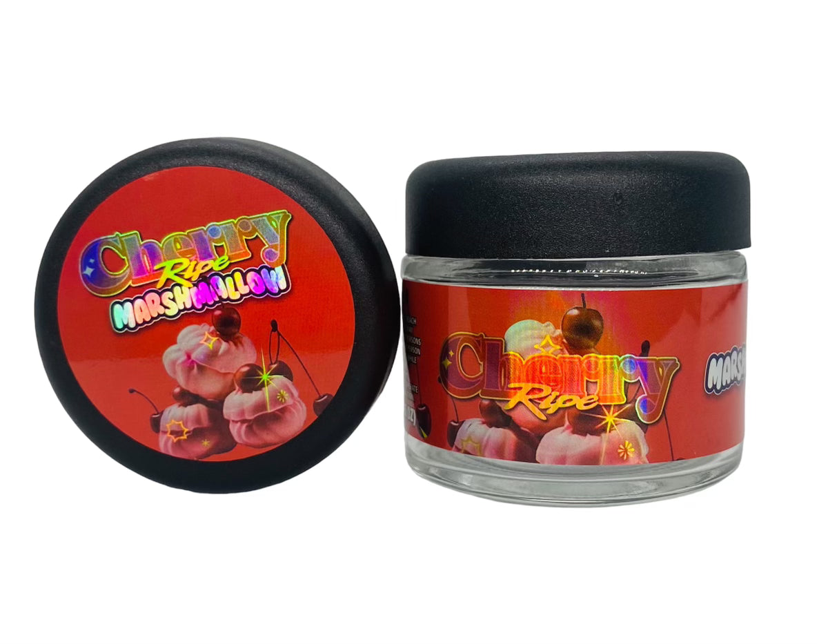 Cherry Ripe Marshmallow 3.5g Glass Jars with Holographic Sticker labels Child Resistant jar