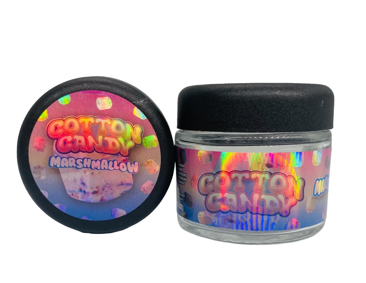 Cotton Candy Marshmallow 3.5g Glass Jars with Holographic Sticker labels Child Resistant jar