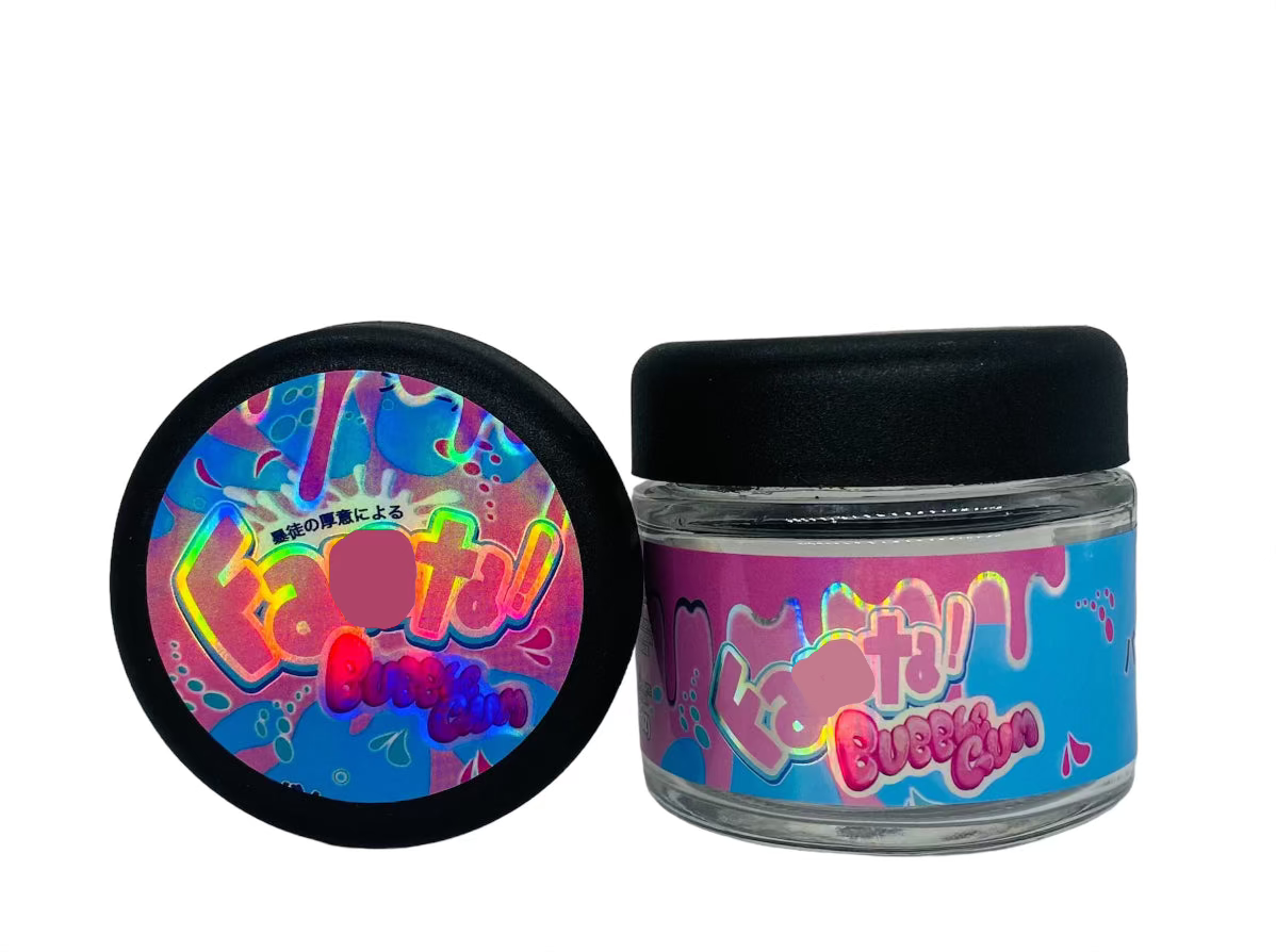 Fann Taa Bubblegum 3.5g Glass Jars with Holographic Sticker labels Child Resistant jar