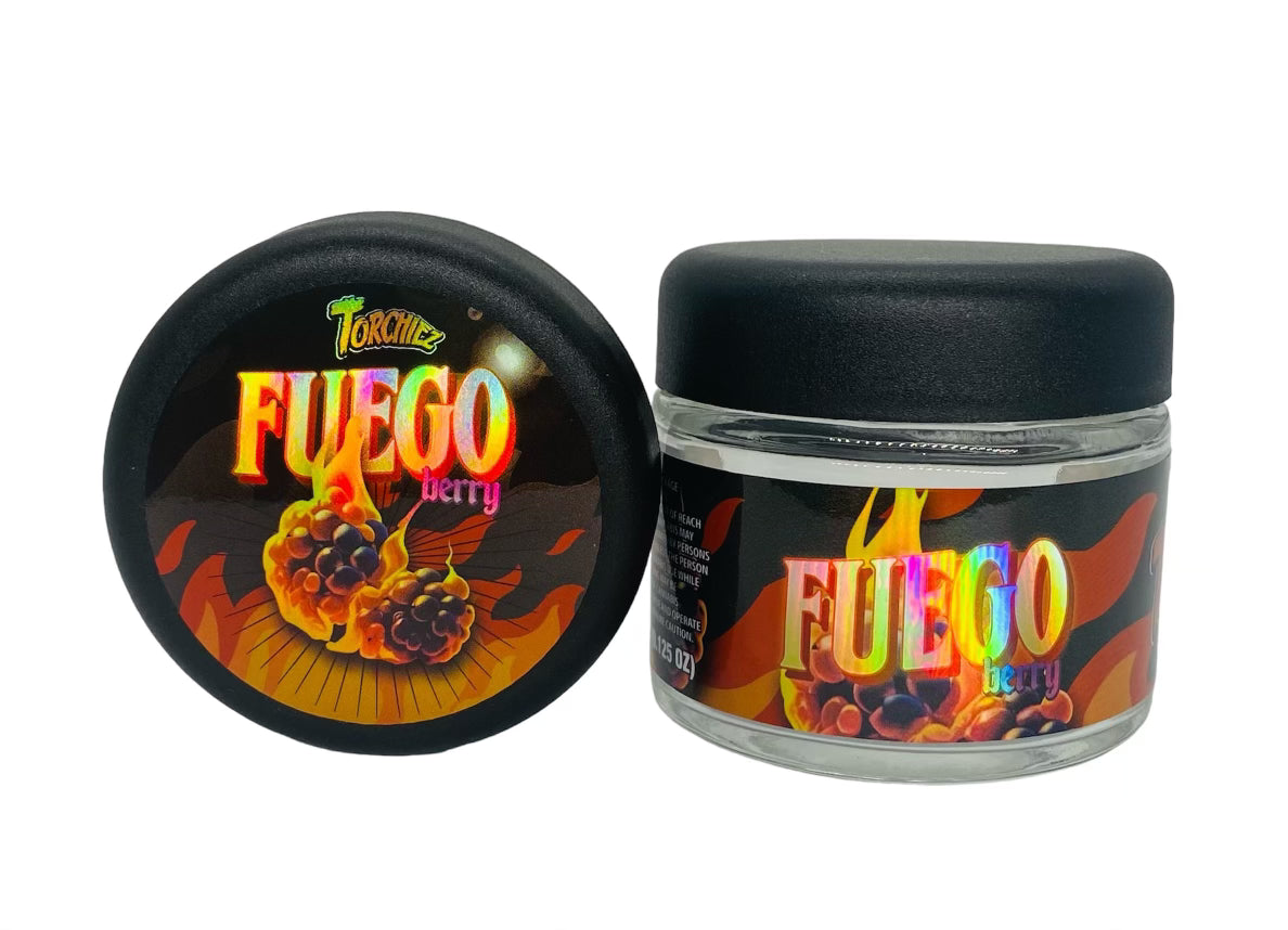 Fuego Berry 3.5g Glass Jars with Holographic Sticker labels Child Resistant jar