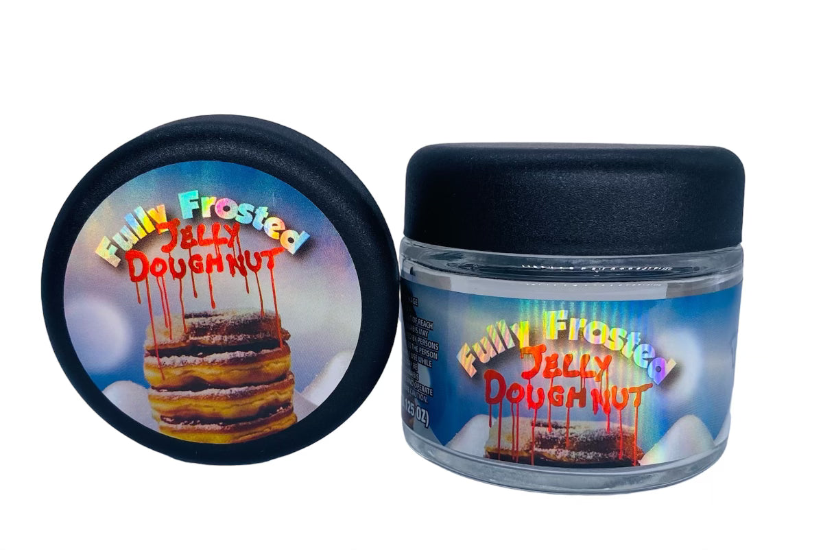 Fully Frosted Jelly Doughnut 3.5g Glass Jars with Sticker labels Child Resistant jar