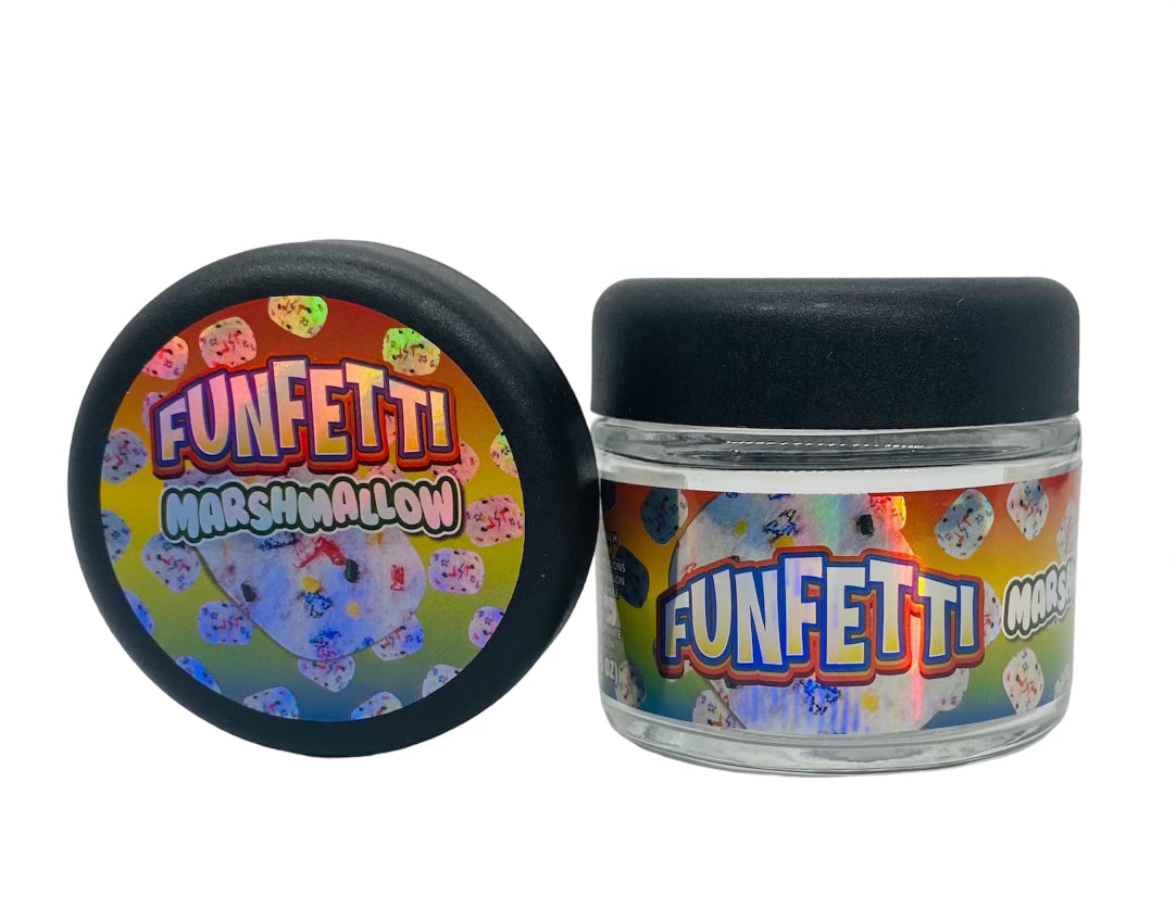 Funfetti Marshmallow 3.5g Glass Jars with Holographic Sticker labels Child Resistant jar