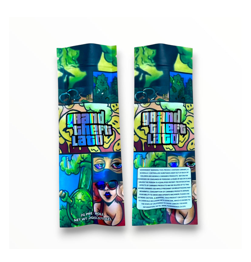 Grand Theft Lato 2 Gram Pre Roll Packaging Net Wt. 2g(0.071oz) Holographic