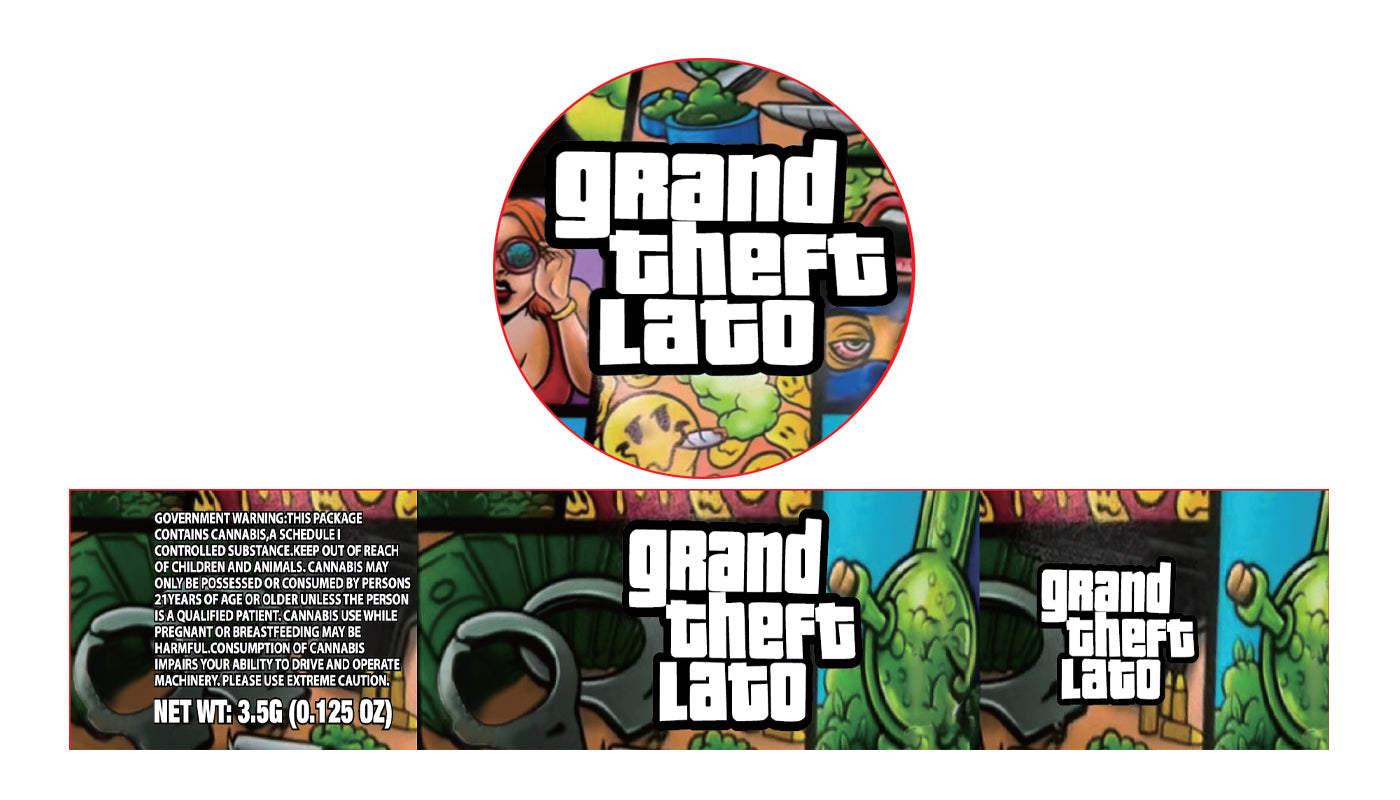 Grand Theft Lato 3.5g Glass Jar Holographic Labeling/Stickers Only