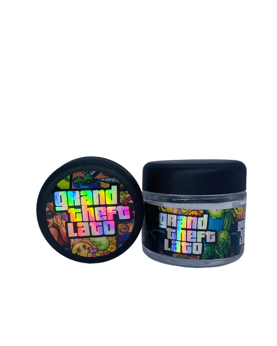 Grand Theft Lato 3.5g Glass Jars with Holographic Sticker labels Child Resistant jar