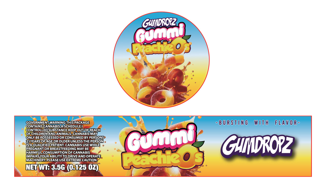 Gumdropz Gummy Peachieo's 3.5g Glass Jar Holographic Labeling/Stickers