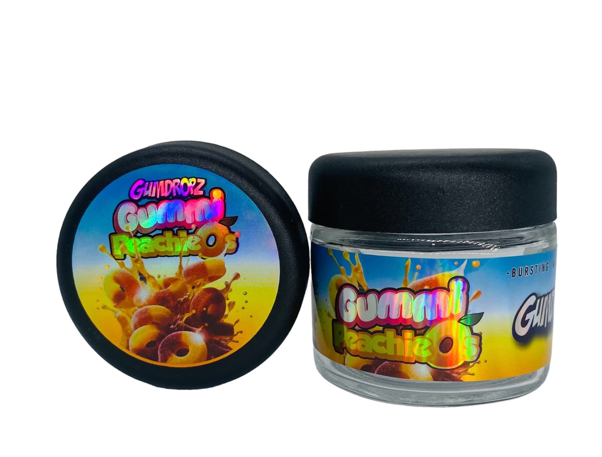 Gummie Peachios 3.5g Glass Jars with Holographic Sticker labels Child Resistant jar