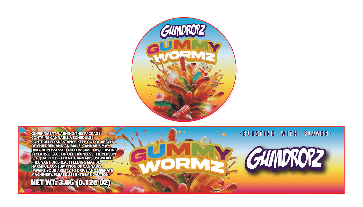 Gumdropz Gummy Wormz 3.5g Glass Jar Holographic Labeling/Stickers