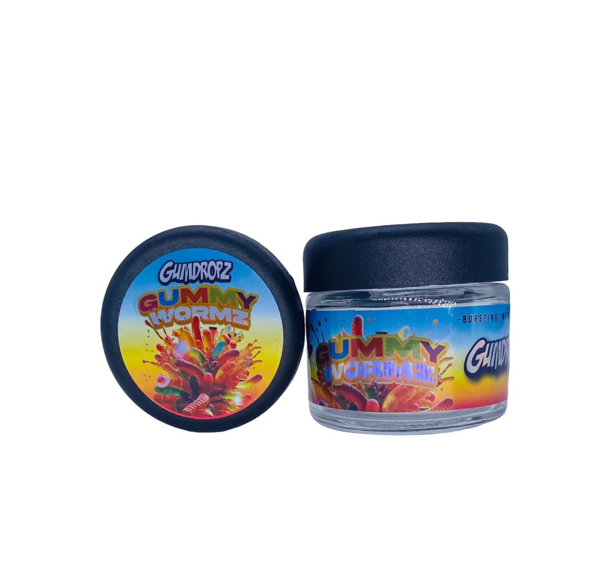 Gummy Wormz 3.5g Glass Jars with Holographic Sticker labels Child Resistant jar