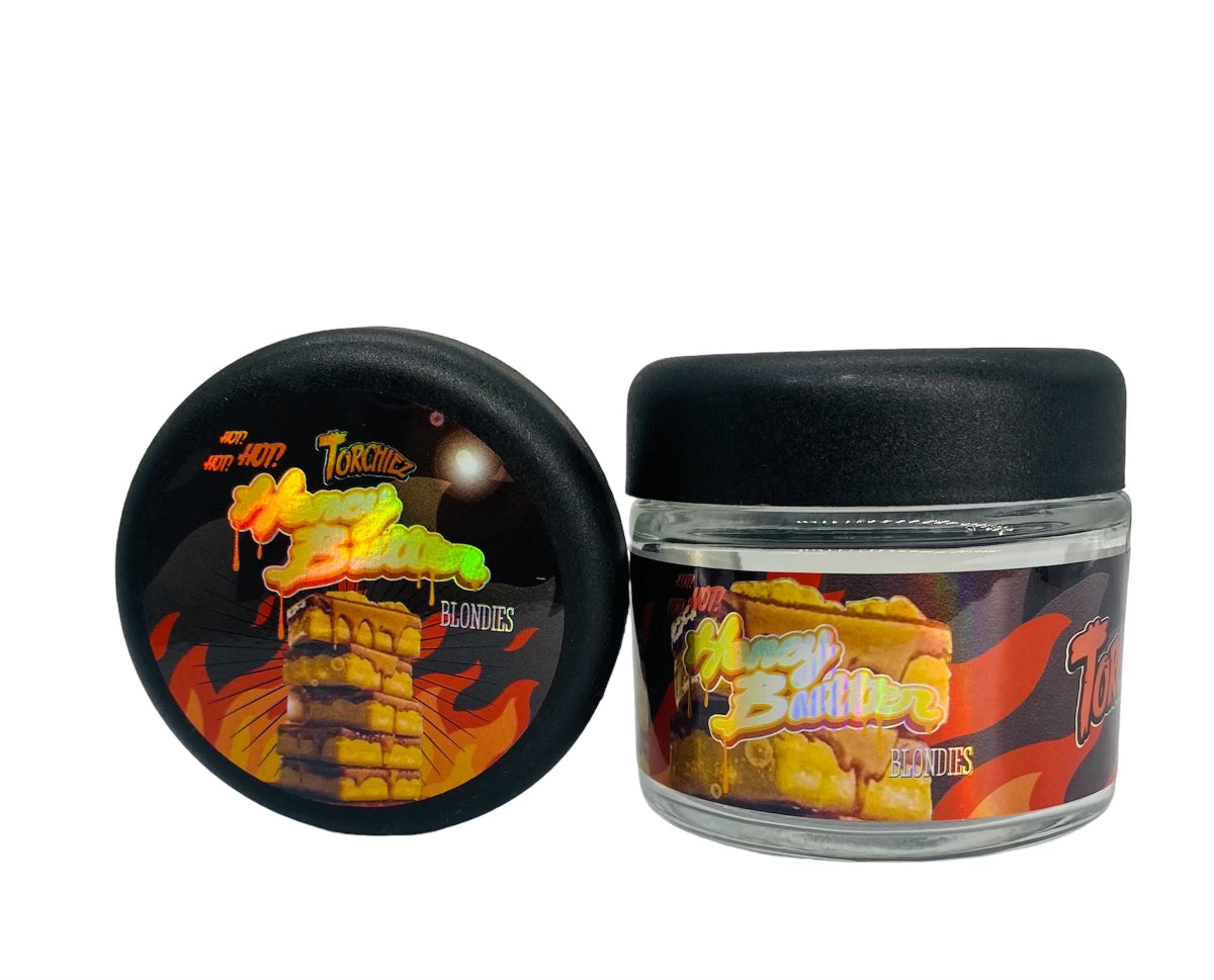 Honey Butter Blondiez 3.5g Glass Jars with Holographic Sticker labels Child Resistant jar