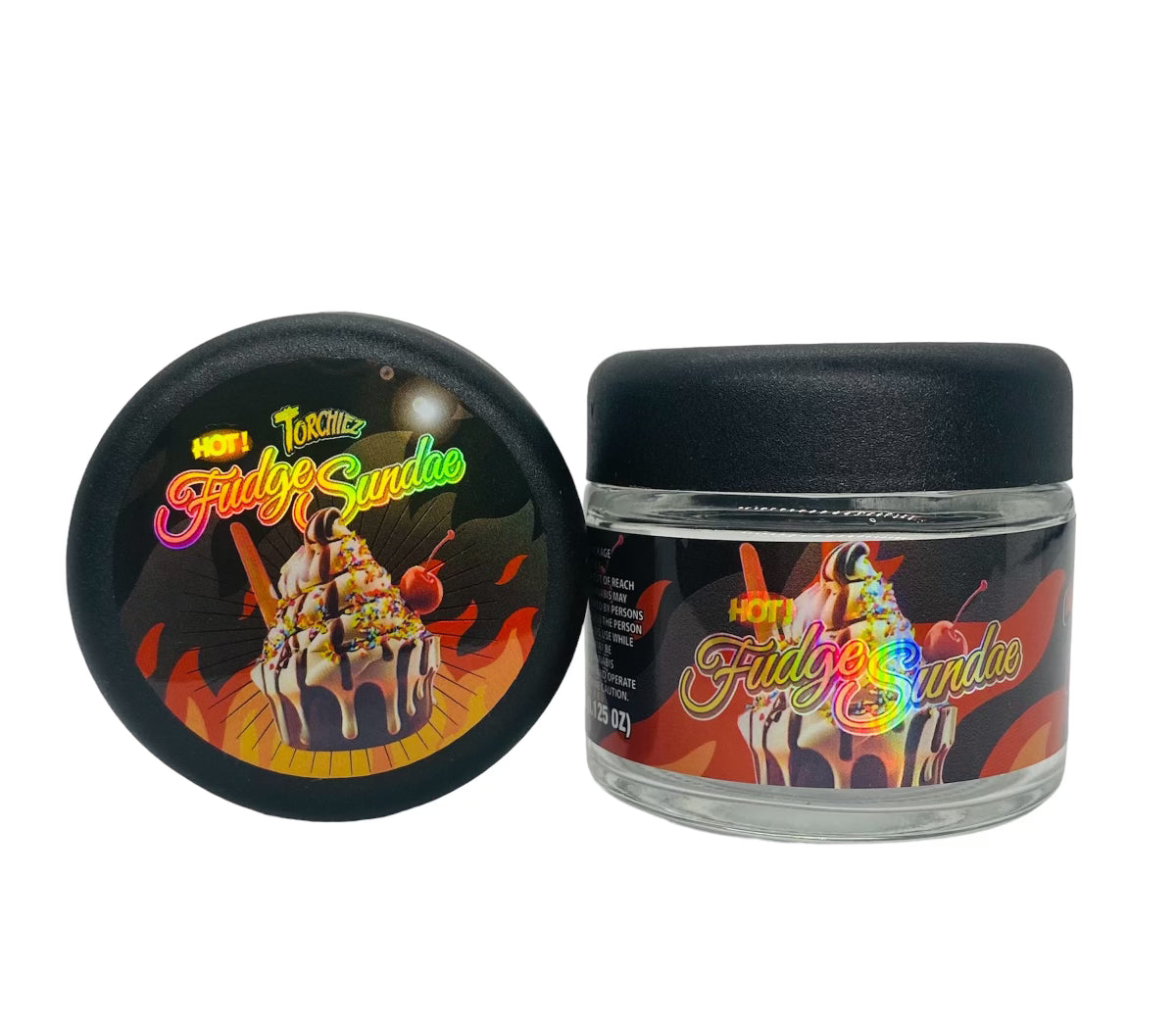 Hot Fudge Sundae 3.5g Glass Jars with Holographic Sticker labels Child Resistant jar