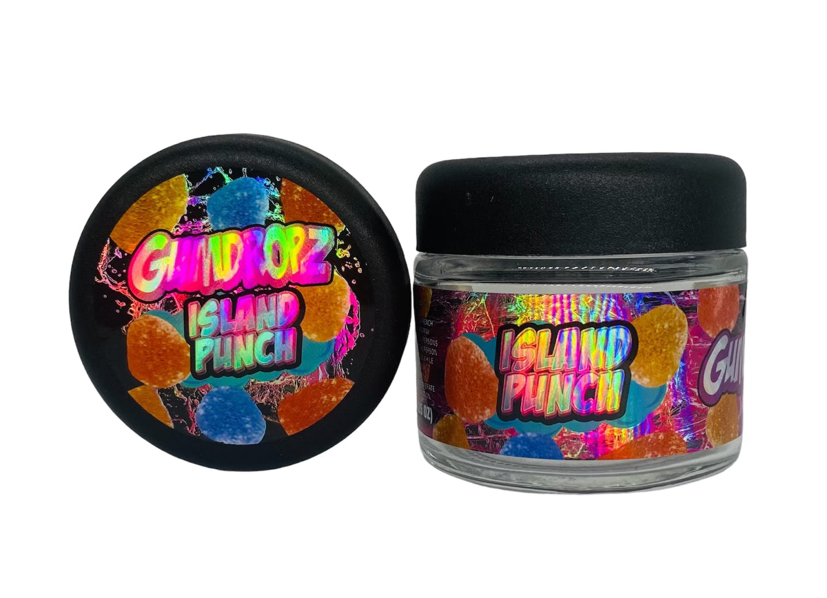 Island Punch 3.5g Glass Jars with Sticker labels Child Resistant jar
