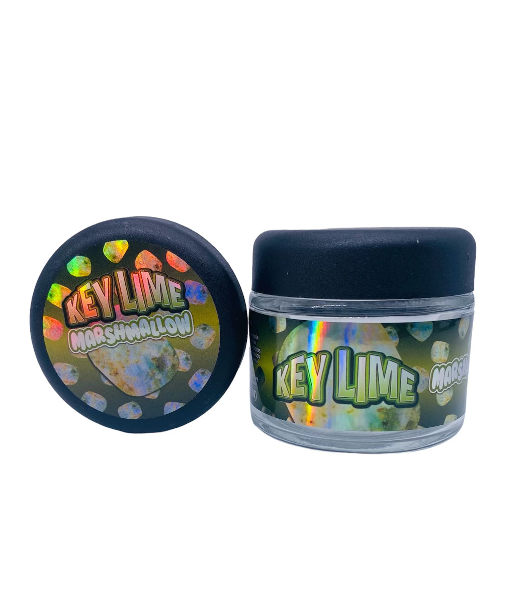 Kew Lime Marshmallow 3.5g Glass Jars with Holographic Sticker labels Child Resistant jar