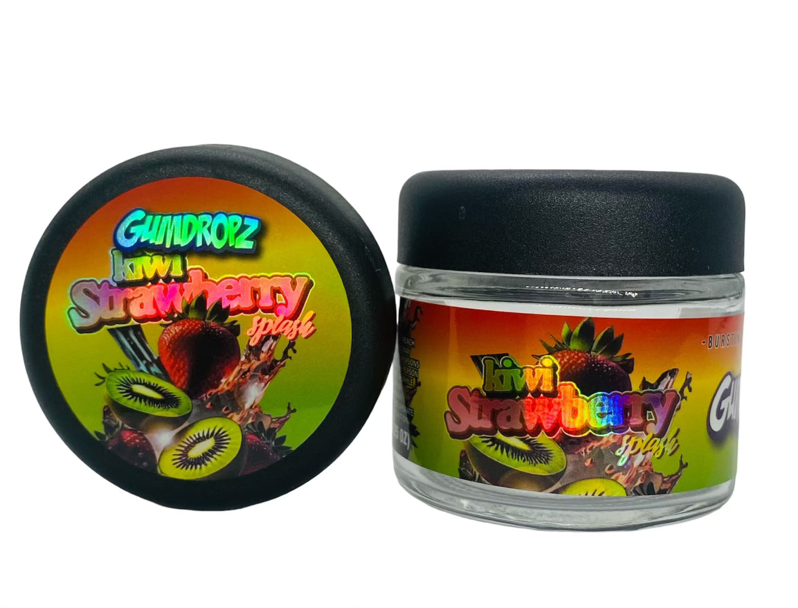 Kwi Strawberry Splash 3.5g Glass Jars with Holographic Sticker labels Child Resistant jar