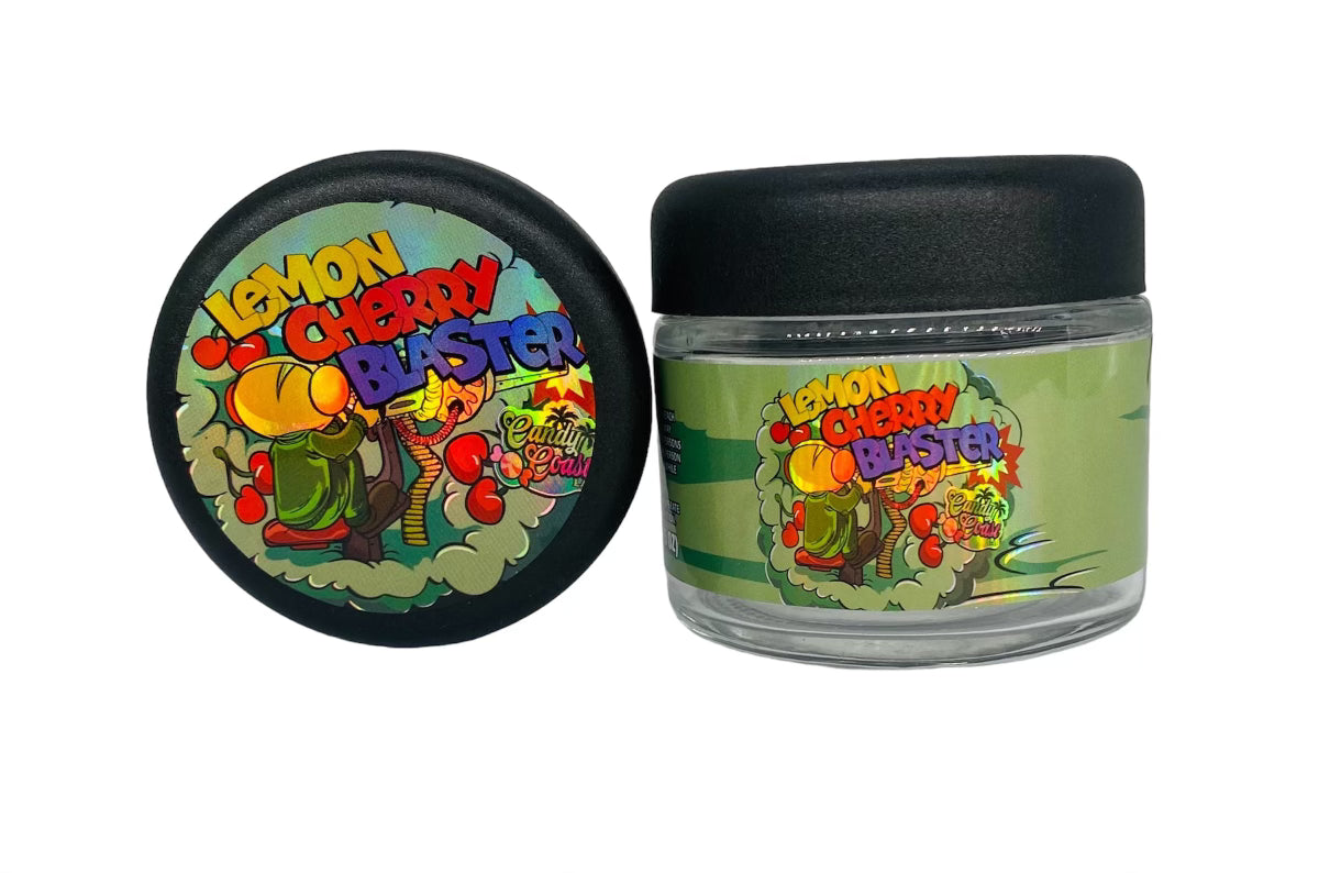 Lemon Cherry Blaster 3.5g Glass Jars with Holographic Sticker labels Child Resistant jar
