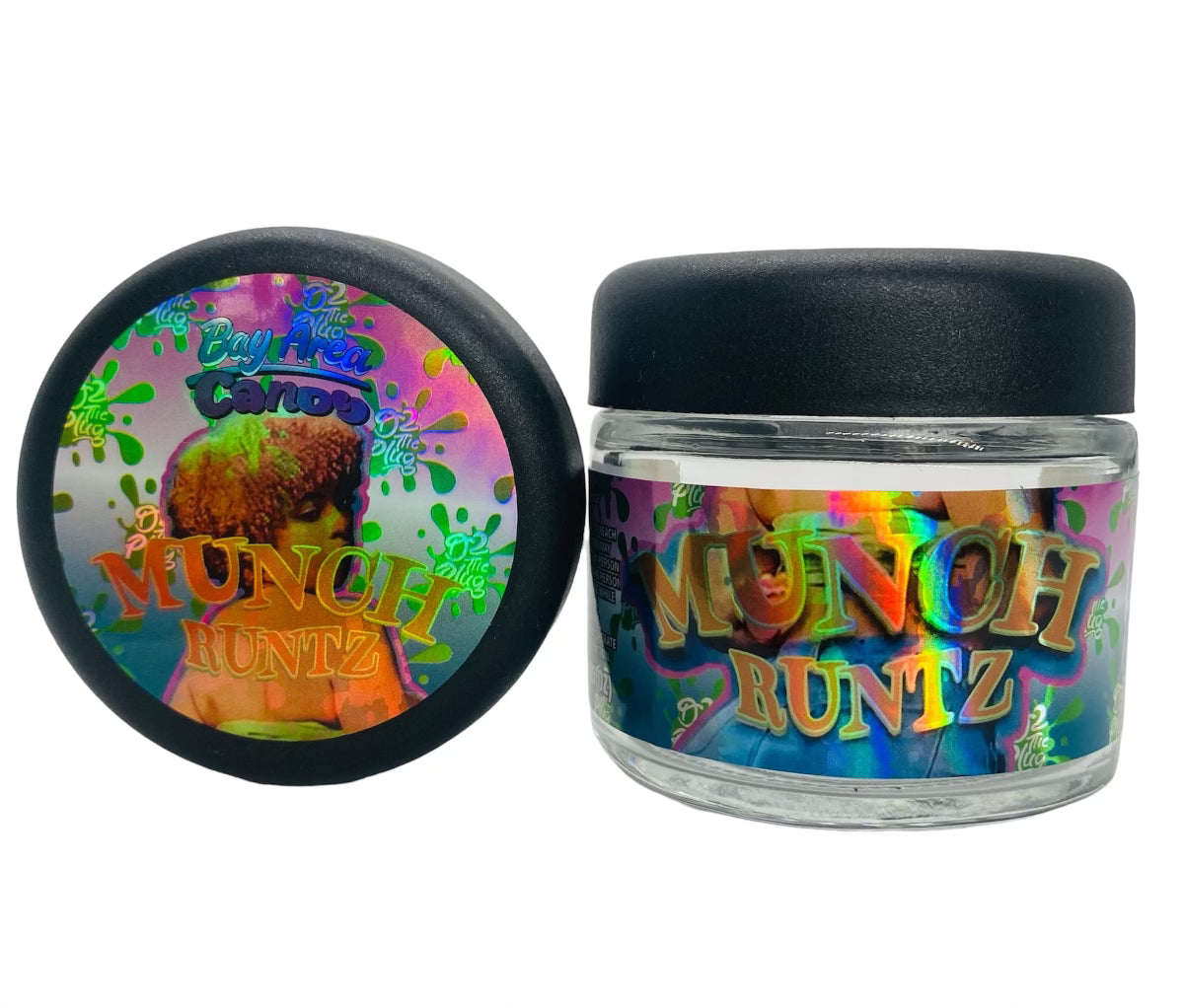 Munch Runtz 3.5g Glass Jars with Holographic Sticker labels Child Resistant jar