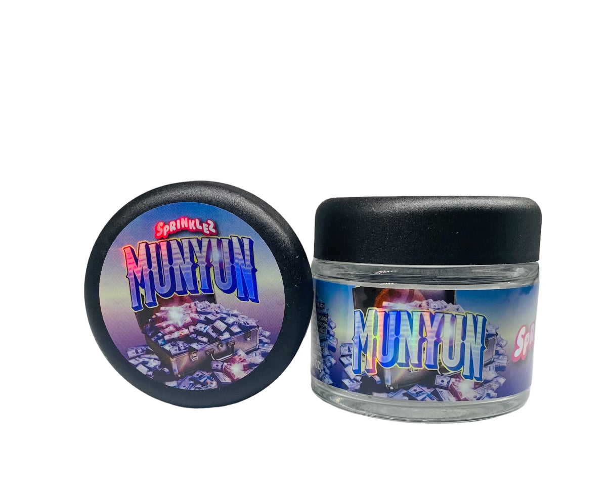Munyum Sprinkelz 3.5g Glass Jars with Holographic Sticker labels Child Resistant jar