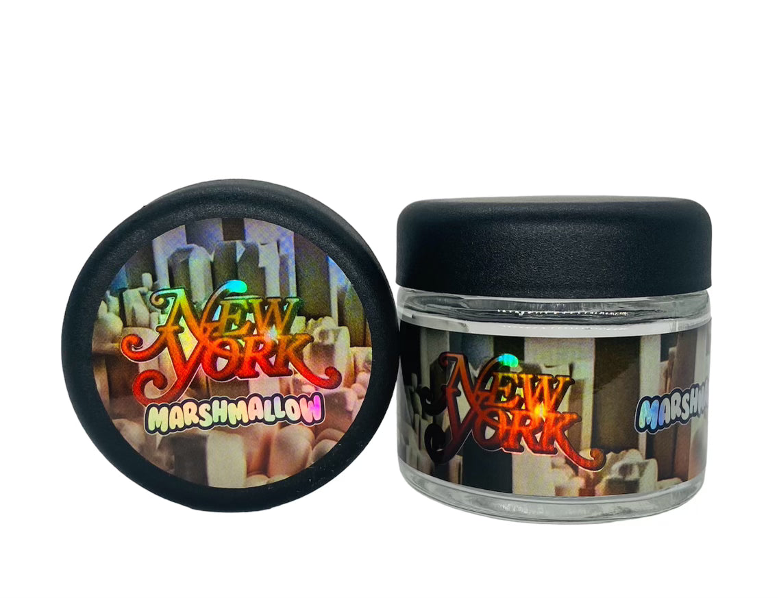 New York Marshmallow 3.5g Glass Jars with Holographic Sticker labels Child Resistant jar