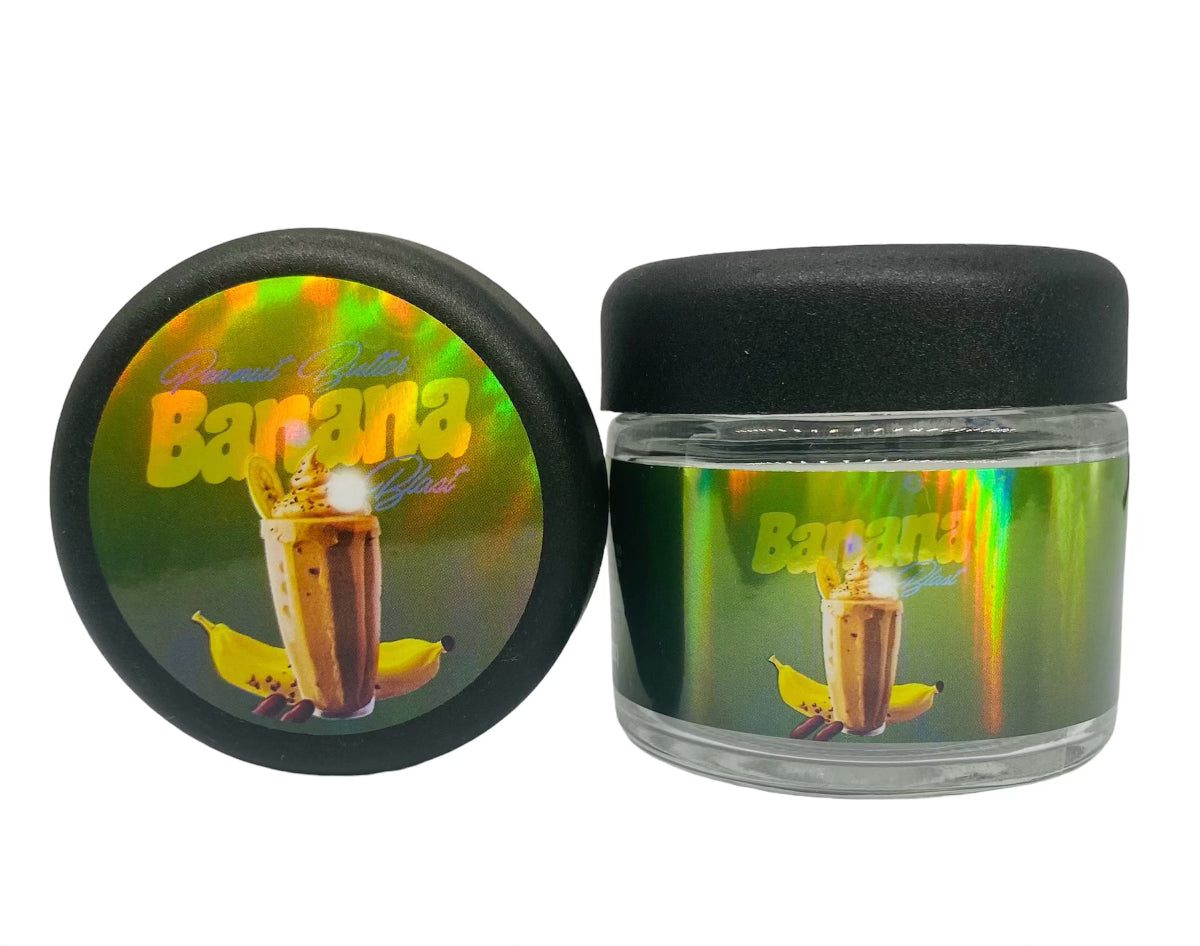 Peanut Butter Banana Blast 3.5g Glass Jars with Sticker labels Child Resistant jar