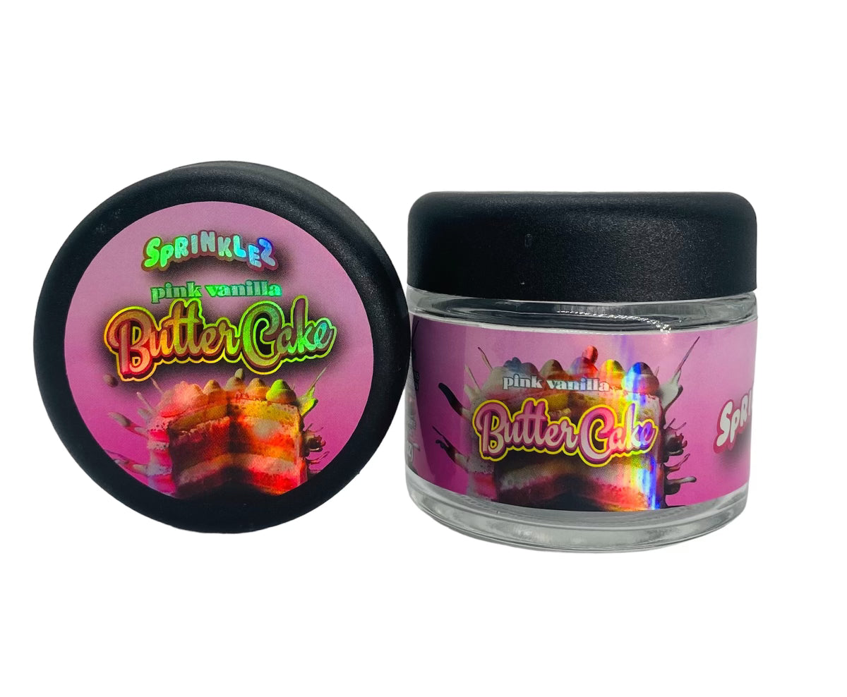 Pink Vanilla Butter Cake 3.5g Glass Jars with Holographic Sticker labels Child Resistant jar