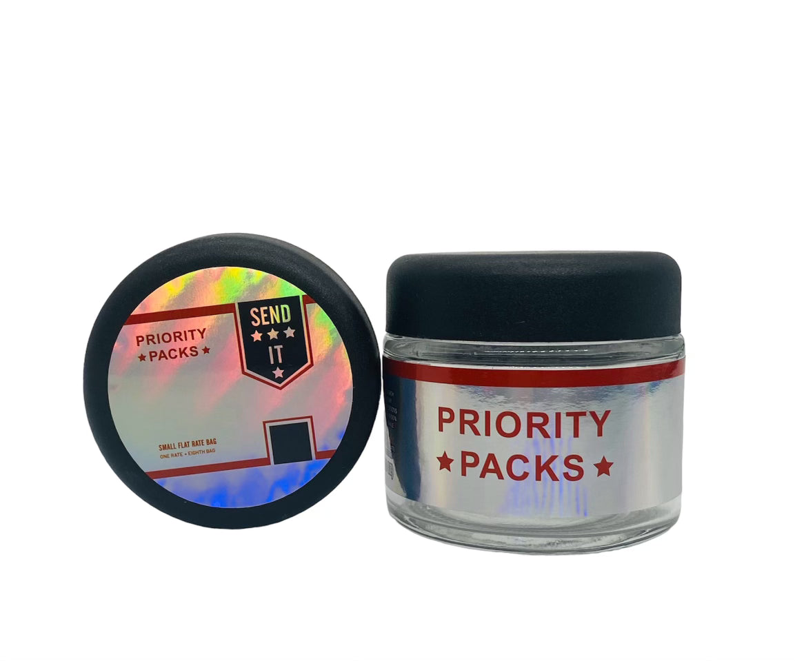 Priority Packs 3.5g Glass Jars with Holographic Sticker labels Child Resistant jar