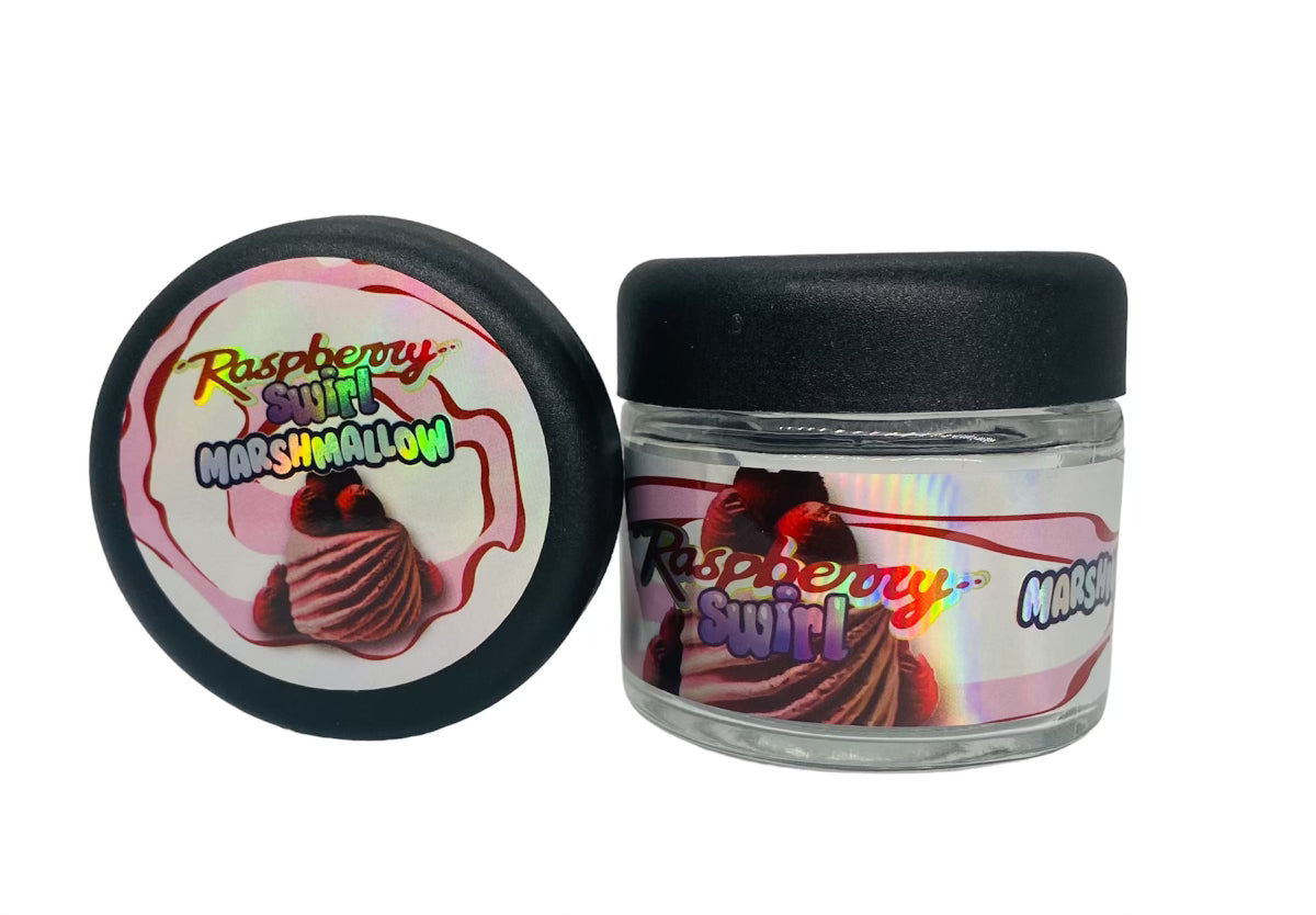Rasprberry Swirl Marshmallow 3.5g Glass Jars with Holographic Sticker labels Child Resistant jar