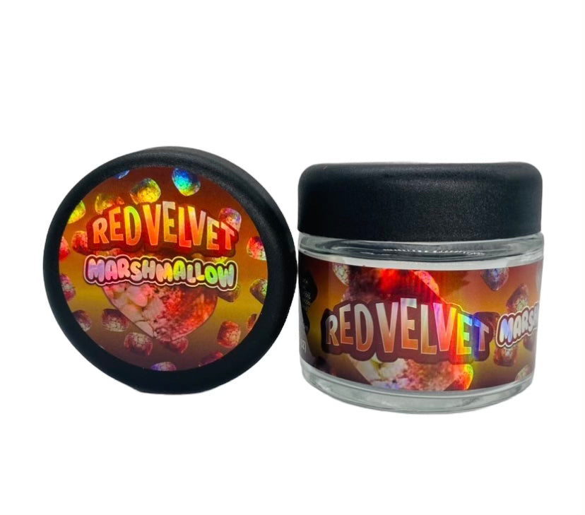 Red Velvet Marshmallow 3.5g Glass Jars with Holographic Sticker labels Child Resistant jar