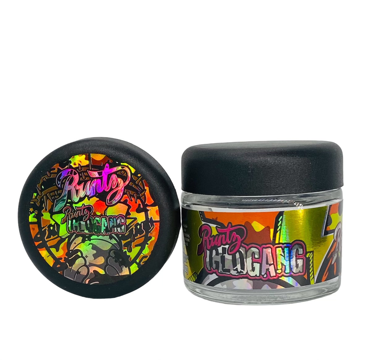 Runtz Glowgang 3.5g Glass Jars with Holographic Sticker labels Child Resistant jar