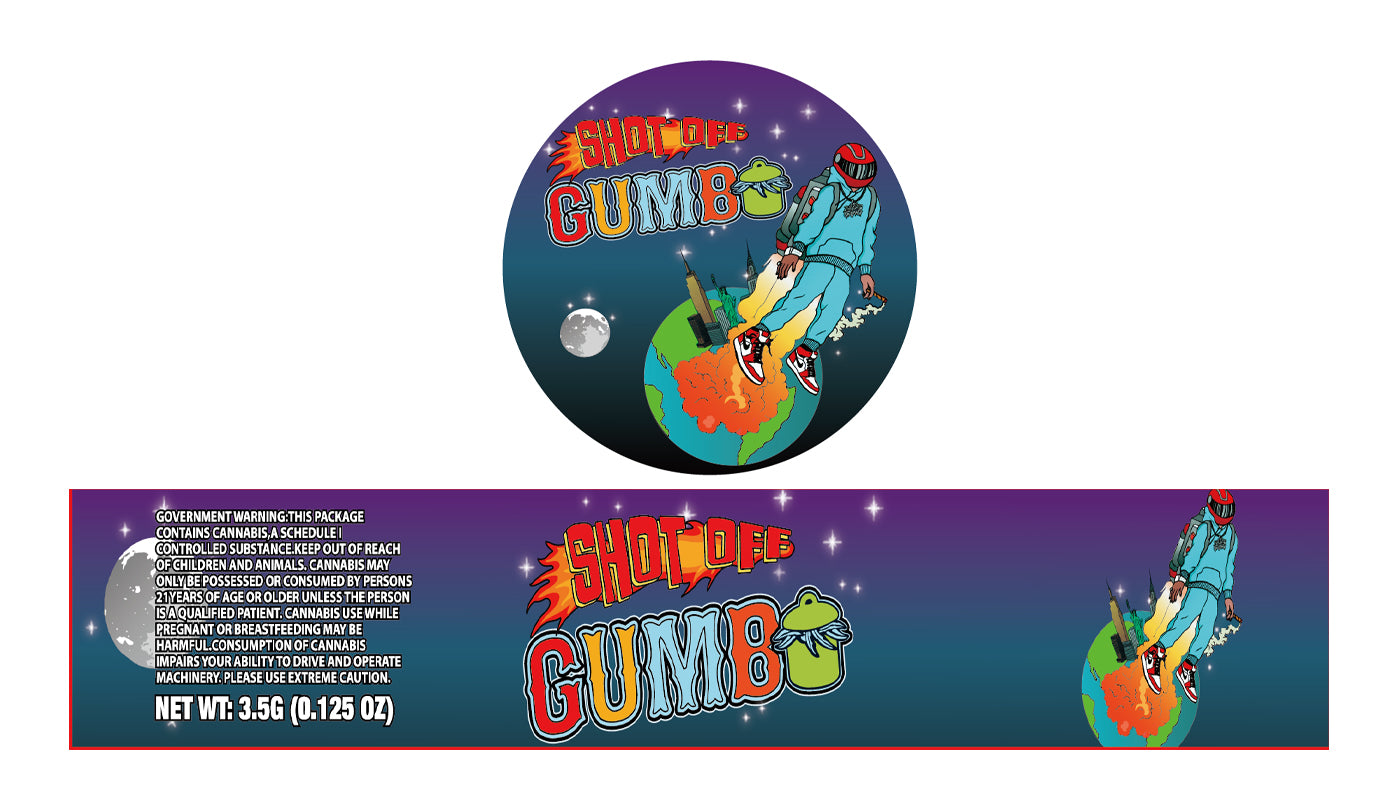 Shot Off Gumbo 3.5g Glass Jar Holographic Labeling/Stickers Only