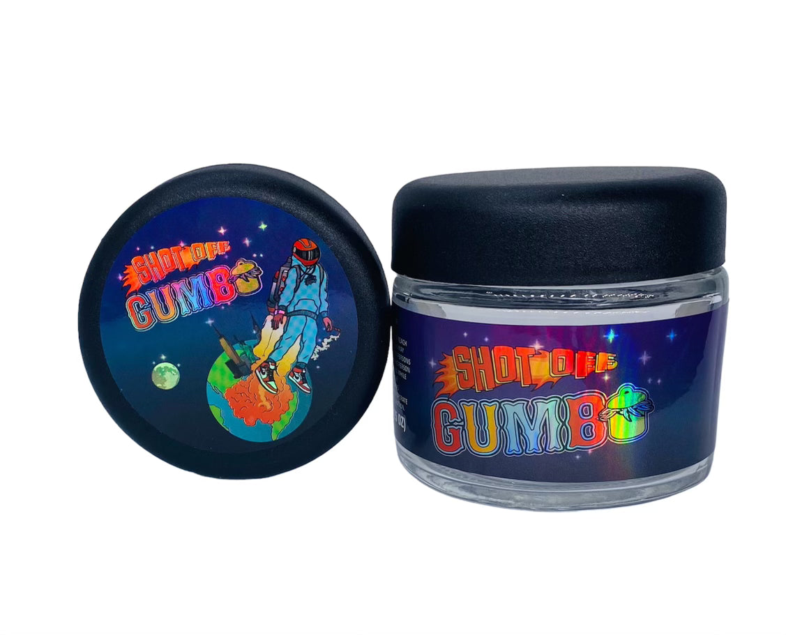Shot Off Gumbo 3.5g Glass Jars with Holographic Sticker labels Child Resistant jar