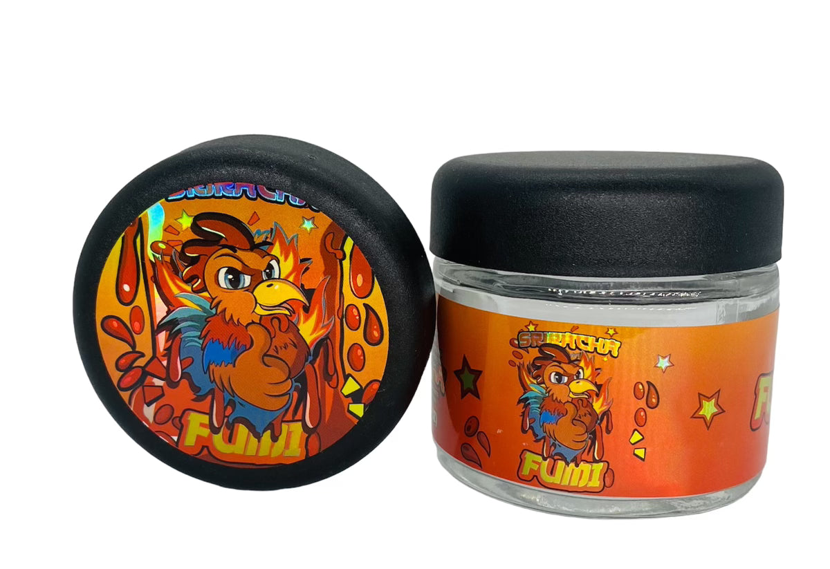 Siracha 3.5g Glass Jars with Holographic Sticker labels Child Resistant jar