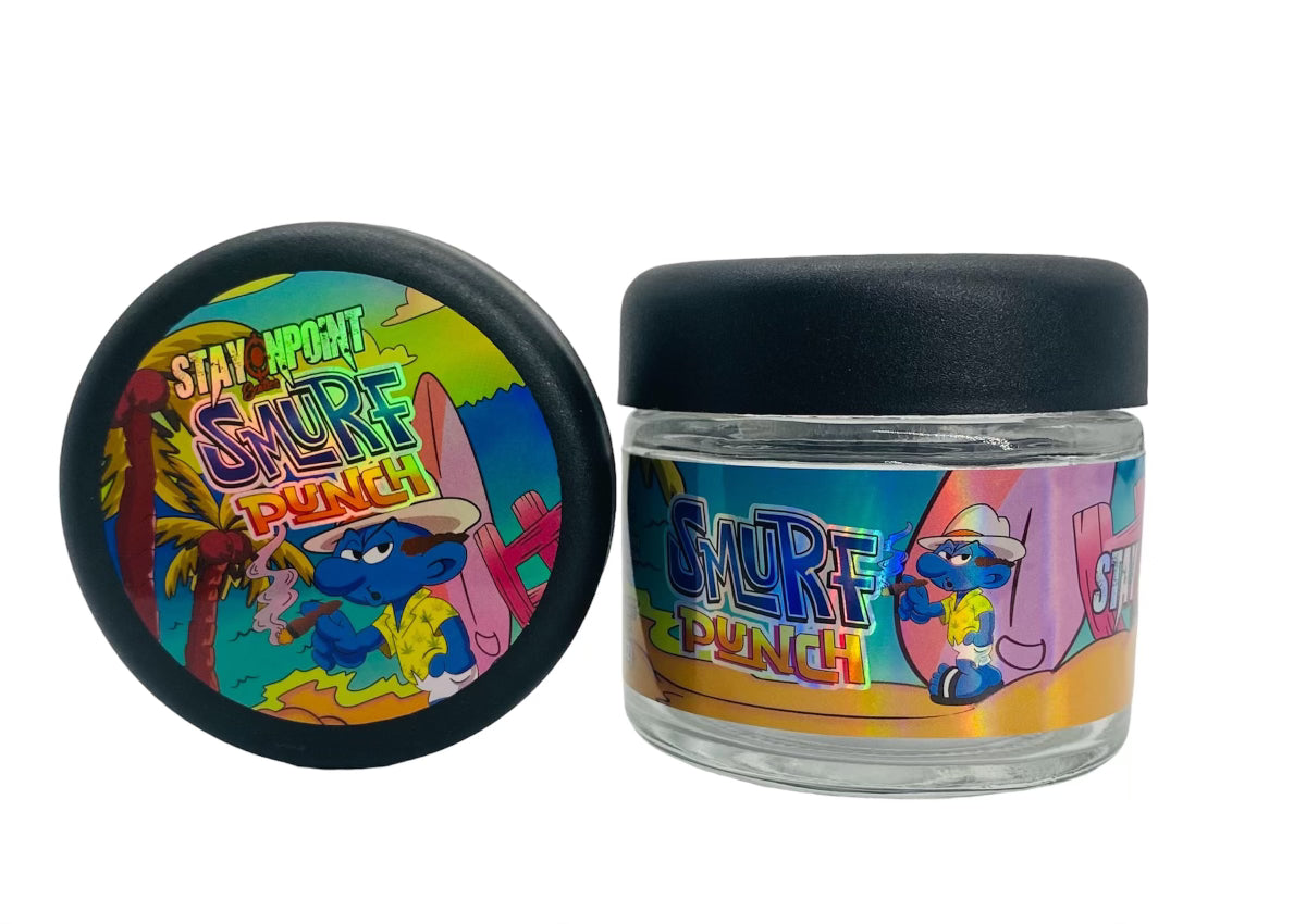 Smurrff Punch 3.5g Glass Jars with Holographic Sticker labels Child Resistant jar