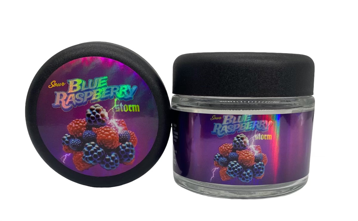 Sour Blue Raspberry Storm 3.5g Glass Jars with Holographic Sticker labels Child Resistant jar