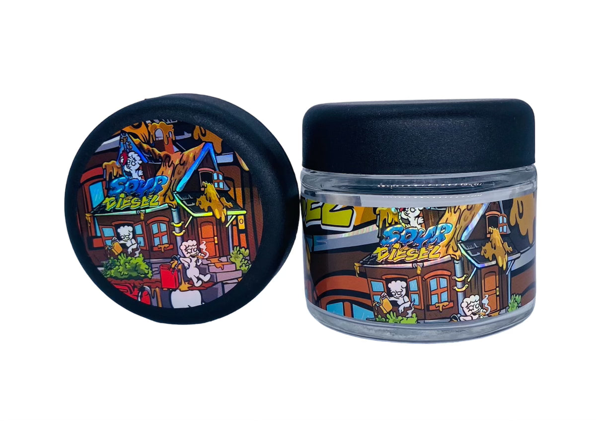 Sour Diesel 3.5g Glass Jars with Sticker labels Child Resistant jar