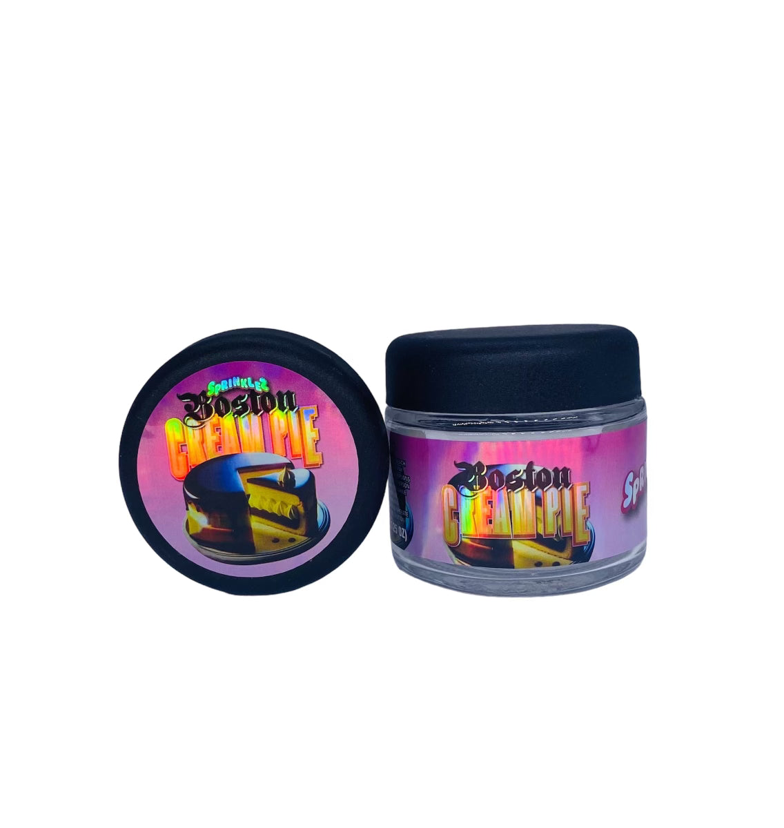Sprinkelz Boston Cream Pie 3.5g Glass Jars with Holographic Sticker labels Child Resistant jar