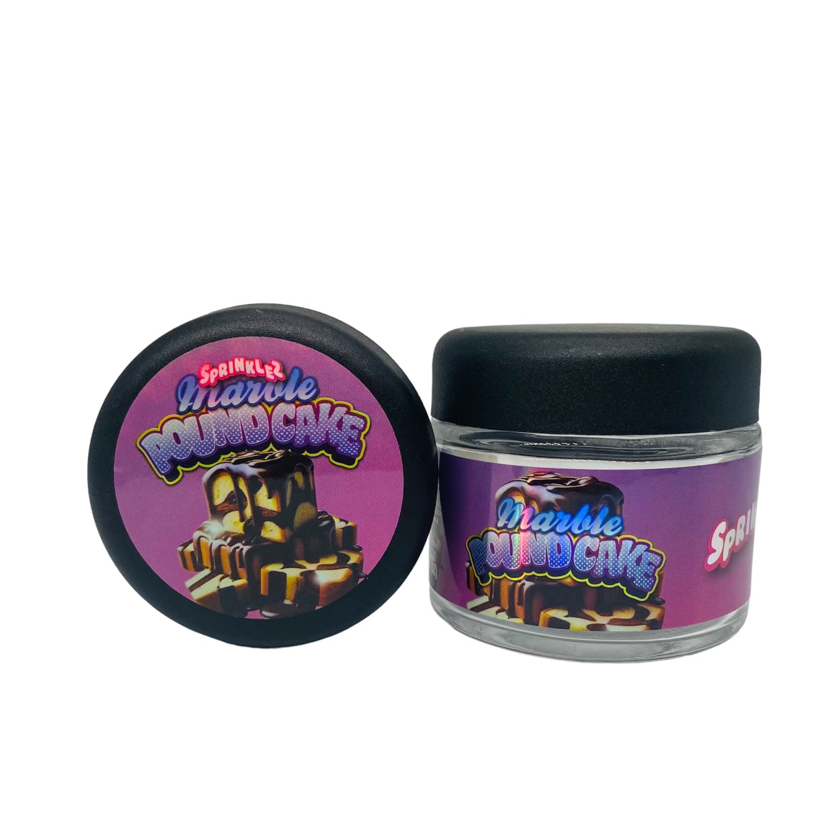 Sprinkelz Marble Pound Cake 3.5g Glass Jars with Holographic Sticker labels Child Resistant jar