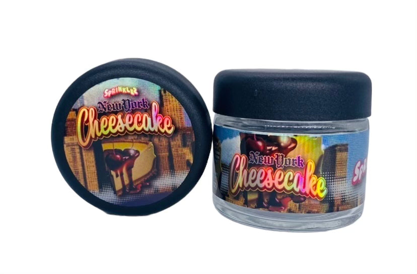 Sprinkelz New York Cheesecake 3.5g Glass Jars with Holographic Sticker labels Child Resistant jar