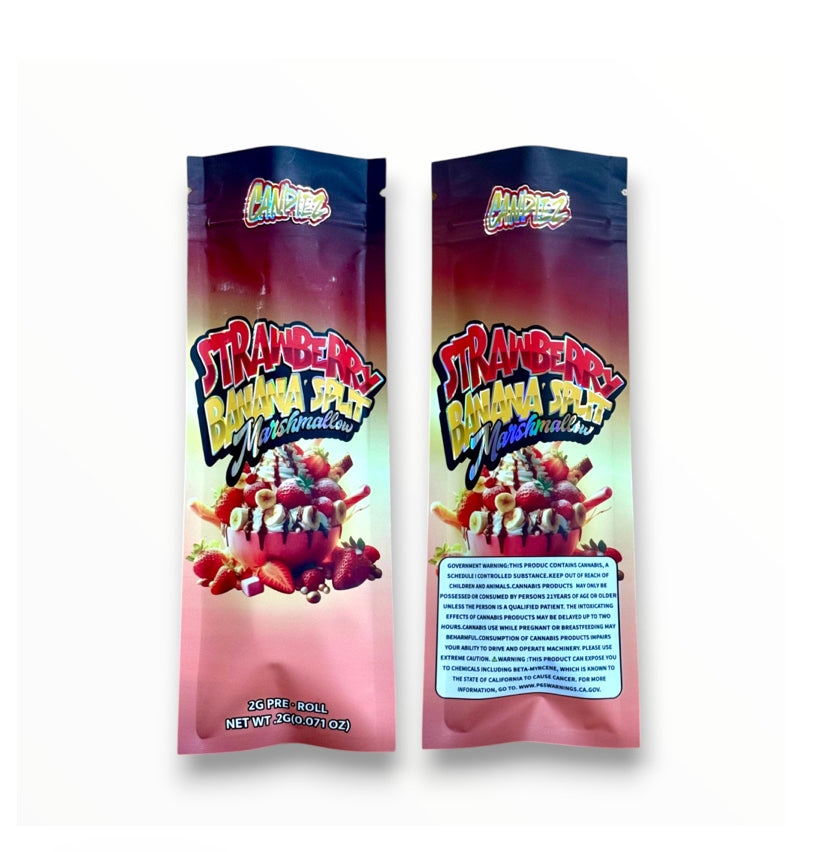 Strawberry Banana Split Marshmallow 2 Gram Pre Roll Packaging Net Wt. 2g(0.071oz) Holographic