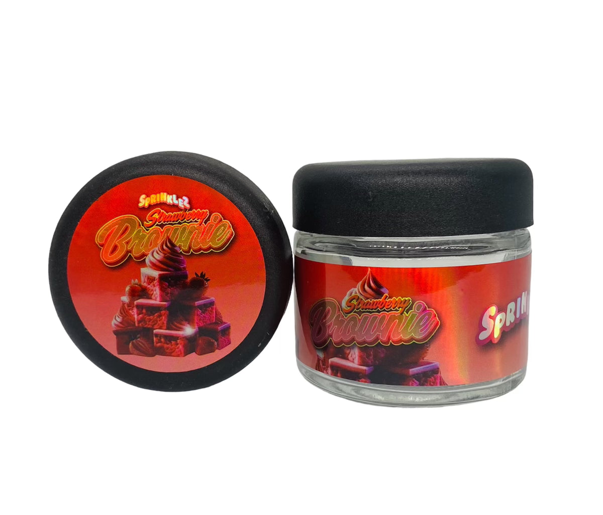 Strawberry Brownie 3.5g Glass Jars with Holographic Sticker labels Child Resistant jar