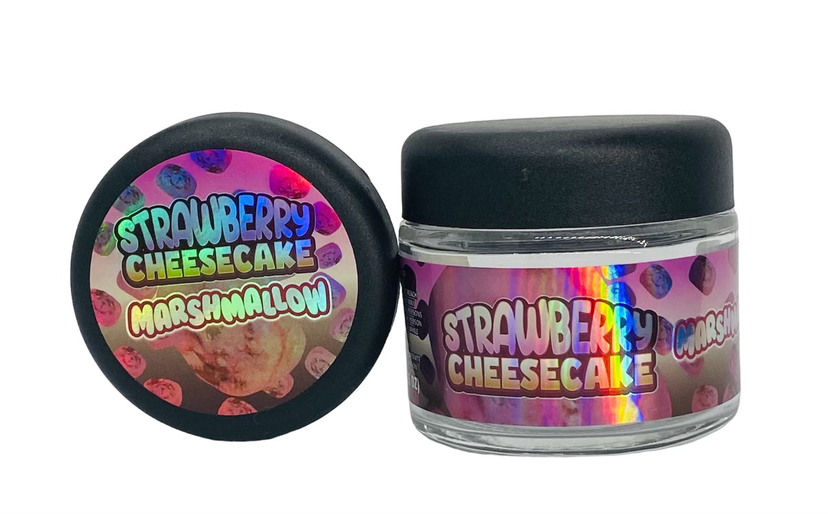 Strawberry Cheesecake Marshmallow 3.5g Glass Jars with Holographic Sticker labels Child Resistant jar